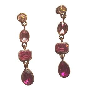 Vtg Y2K Copper Tone Pink Rhinestone Drop Dangle Earrings Magenta Tiered 1.75"